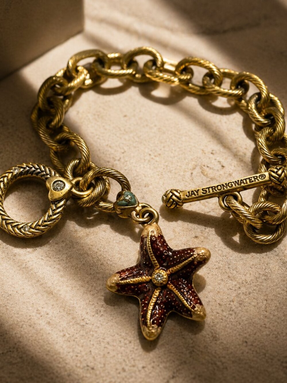 Jay Strongwater Starfish Charm Bracelet Gold Tone Enamel Crystal Toggle Designer